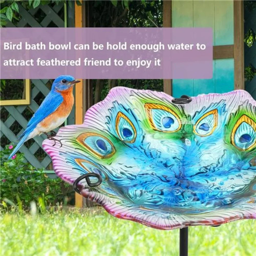 Glass Bird Bath, Garden Outdoor Birdbaths Birdfeeder with Metal Stake Peacock
